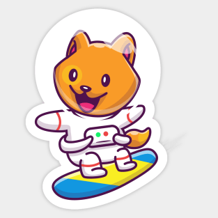 Cute Cat Astronaut Surfing In Space Cartoon Sticker